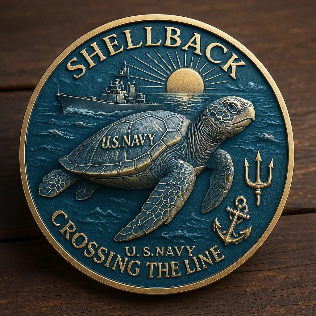 U.S. Navy Shellback Challenge Coin - Crossing The Equator Crossing The Line Commemorative Coin with 3D Sea Turtle - Certified Shellback Military Collectible Gift for Sailors & Veterans