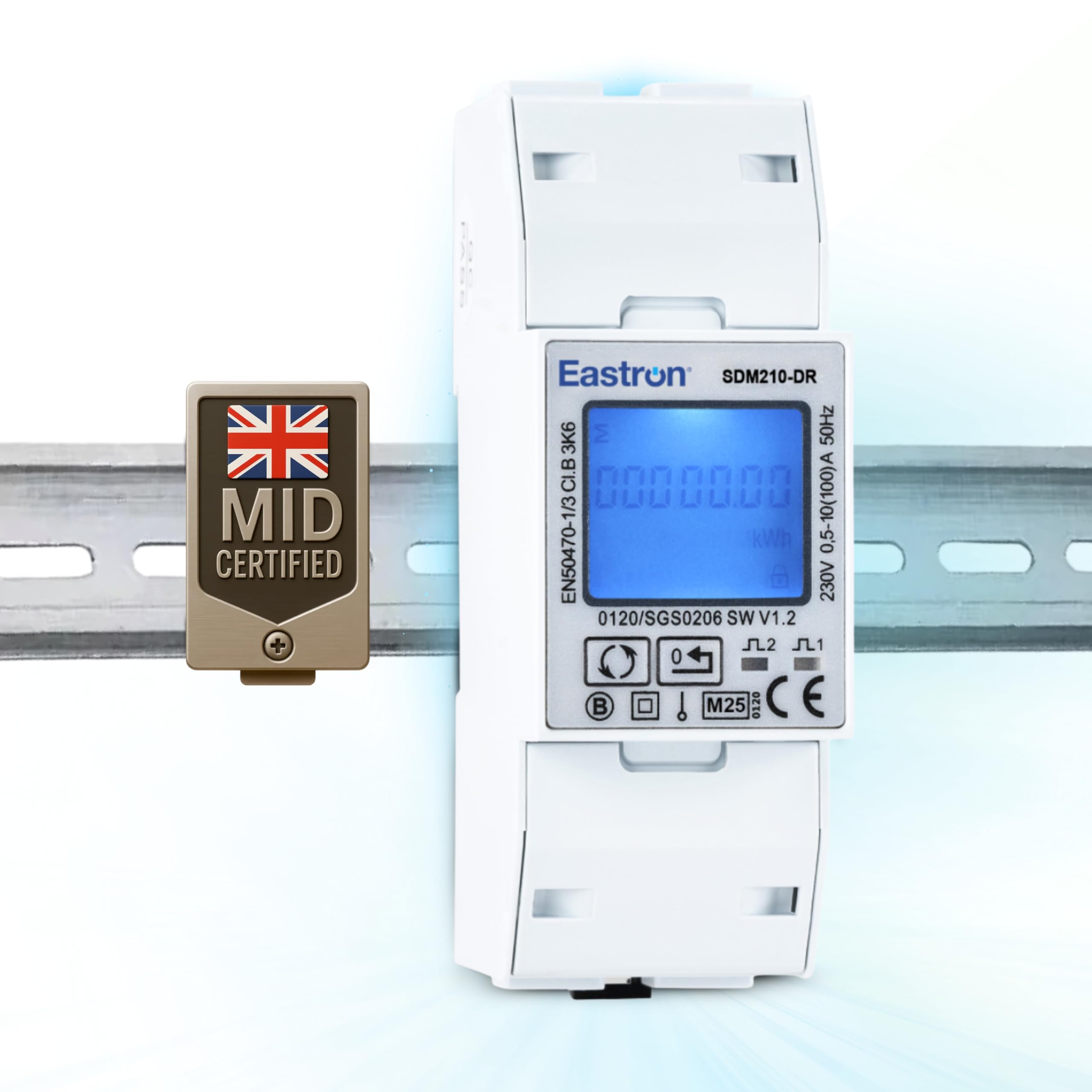 SDM210-DR Single-Phase Current Rate Monitor, kWh Energy Meter, kWh Electricity Consumption Meter, 100 Ampere kWh, DIN Rail Current Pulse Monitor, Digital LCD Backlight, MID Certified