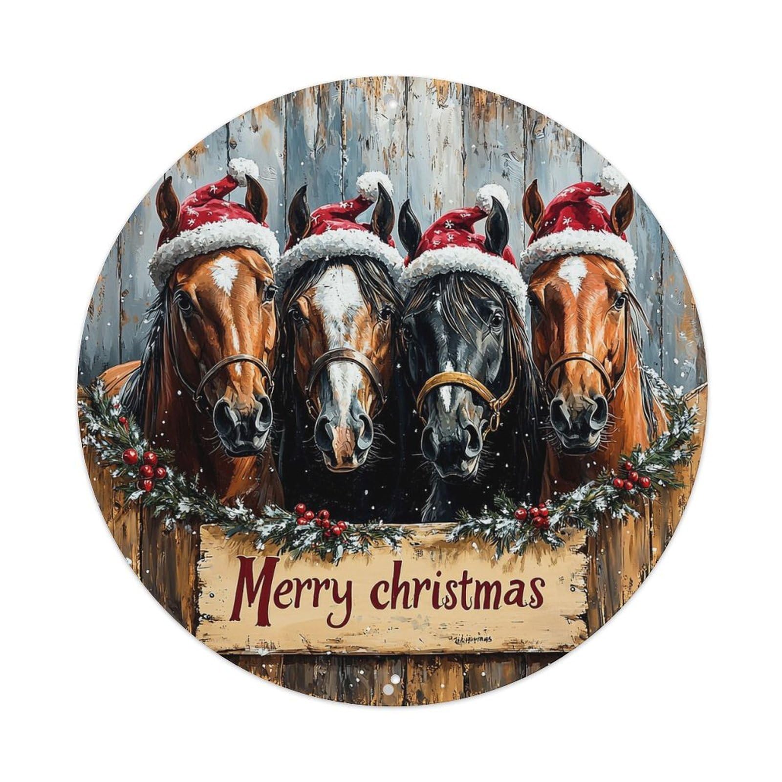 Horses Wearing Santa Hats Christmas Sign Retro Metal Sign Round Tin Sign, Vintage Decor Art Poster for Bar, Home, Man Cave, Kitchen, Laundry Room Gift 8x8Inch
