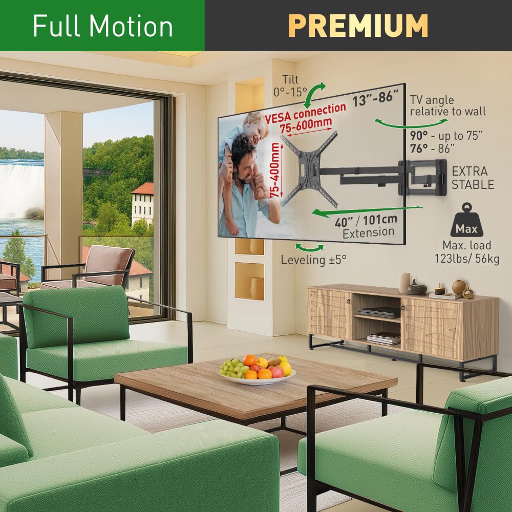 Barkan Longueur 101cm Support TV Mural pour écrans 13-80 Pouces, Double Bras, Inclinable et orientable, Poids Max. 50Kg, Extrêmement Stable, pour LED OLED LCD, jusqu'à VESA 600x400