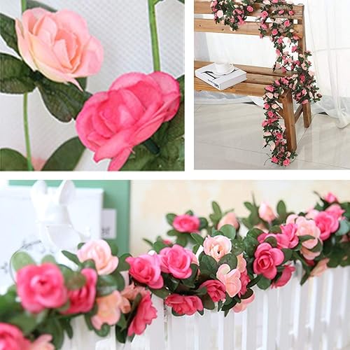 Miniatura 4 de Flores de rosas falsas, 2 unidades de 8.2 pies, guirnalda de flores colgantes artificiales para habitación, hogar, hotel, oficina, boda, fiesta,