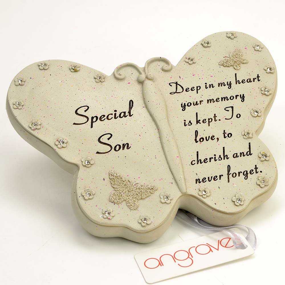 Angraves Off-White Special Son Diamante Butterfly Graveside Grave Memorial Plaque Ornament