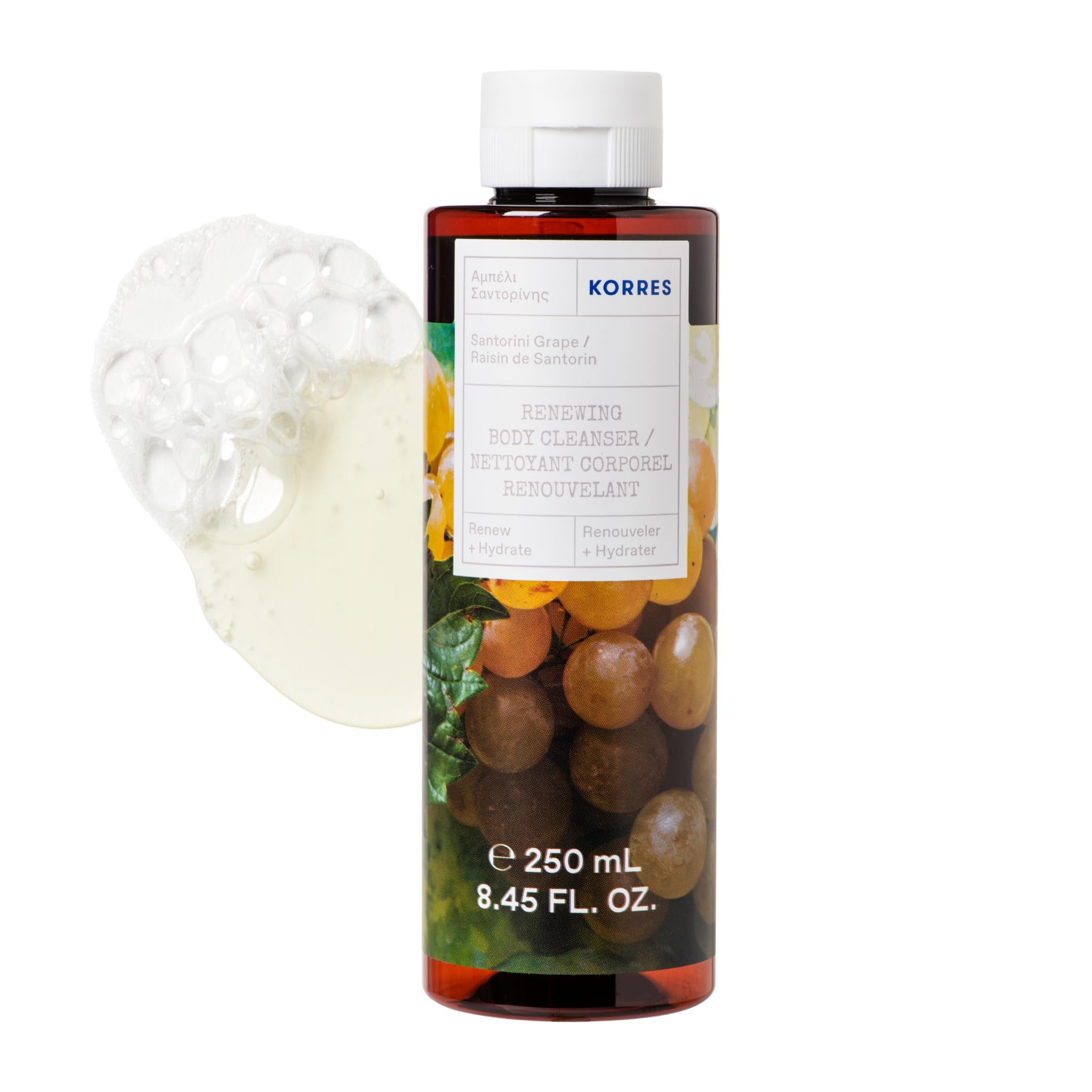 KORRES Renewing Body Cleanser, Santorini Grape, Foaming Shower Gel for Women & Men with Hydrating Greek Botanicals, Body Wash for Smooth Skin, Vegetarian & Cruelty Free, Made in Greece, 8.45 Fl Oz[Amazon-developed Certification] Compact by Design