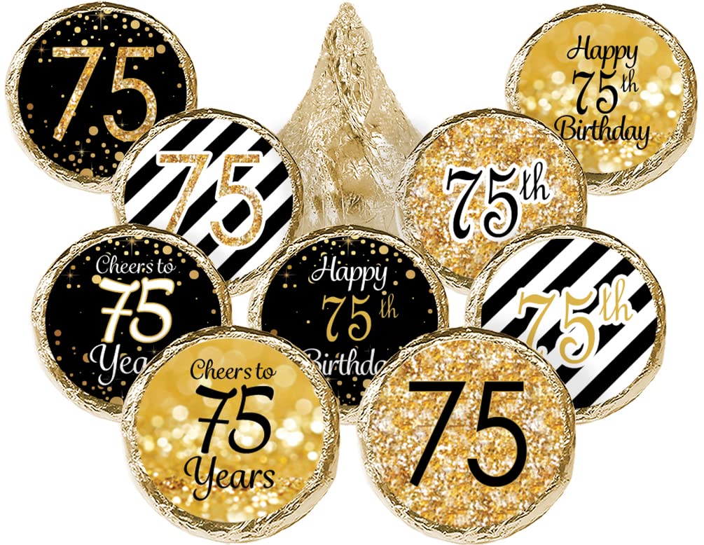 Black and Gold 75th Birthday Party Favor Stickers, Chocolate Kisses Candy Stickers - 180 Labels