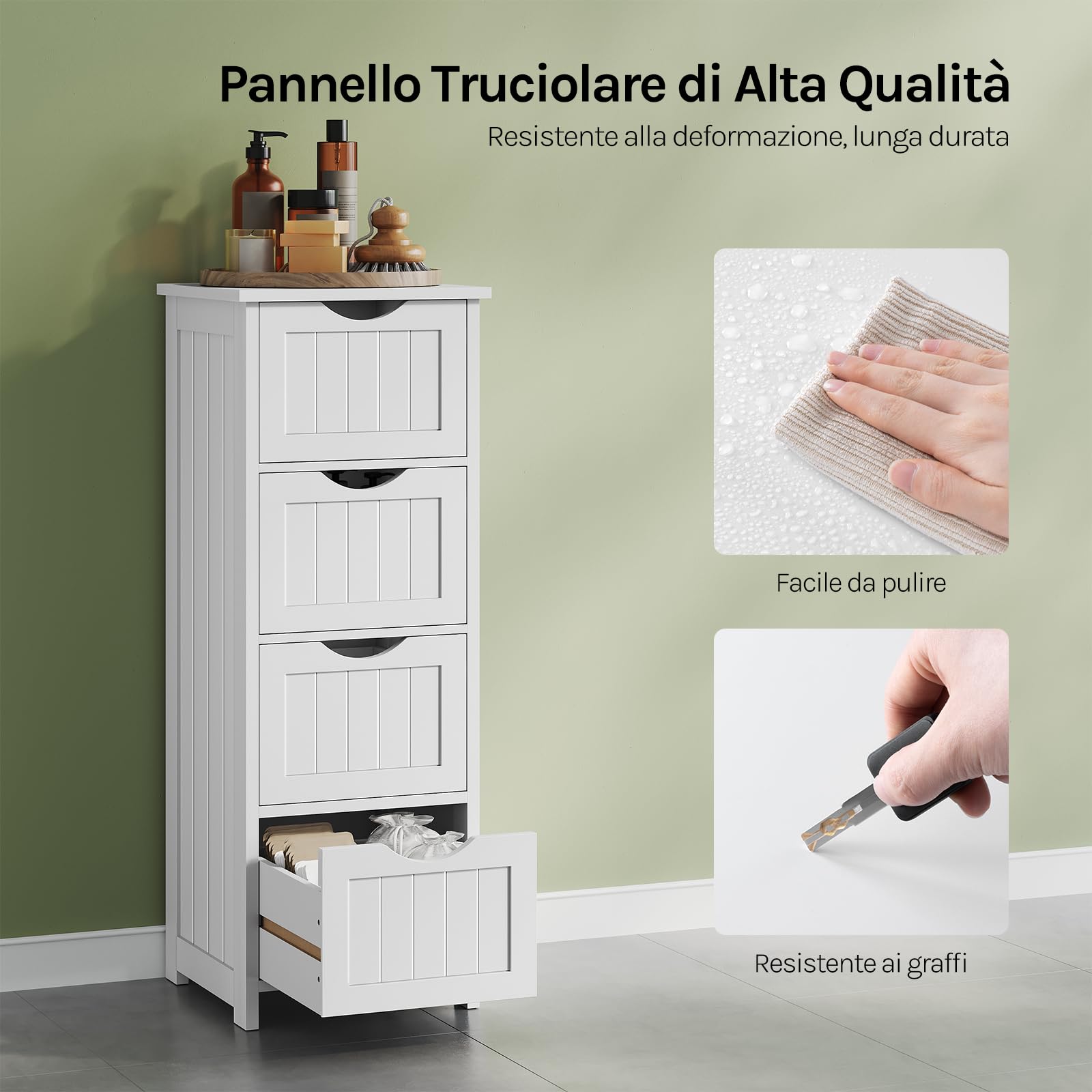 WOLTU Mobile da Bagno, Mobiletto Bagno Salvaspazio, con 4 Cassetti, 30 x 30 x 82 cm, Armadio Autoportante, per Sala da Pranzo, Cucina, Stile Moderno, Bianco BZS07ws