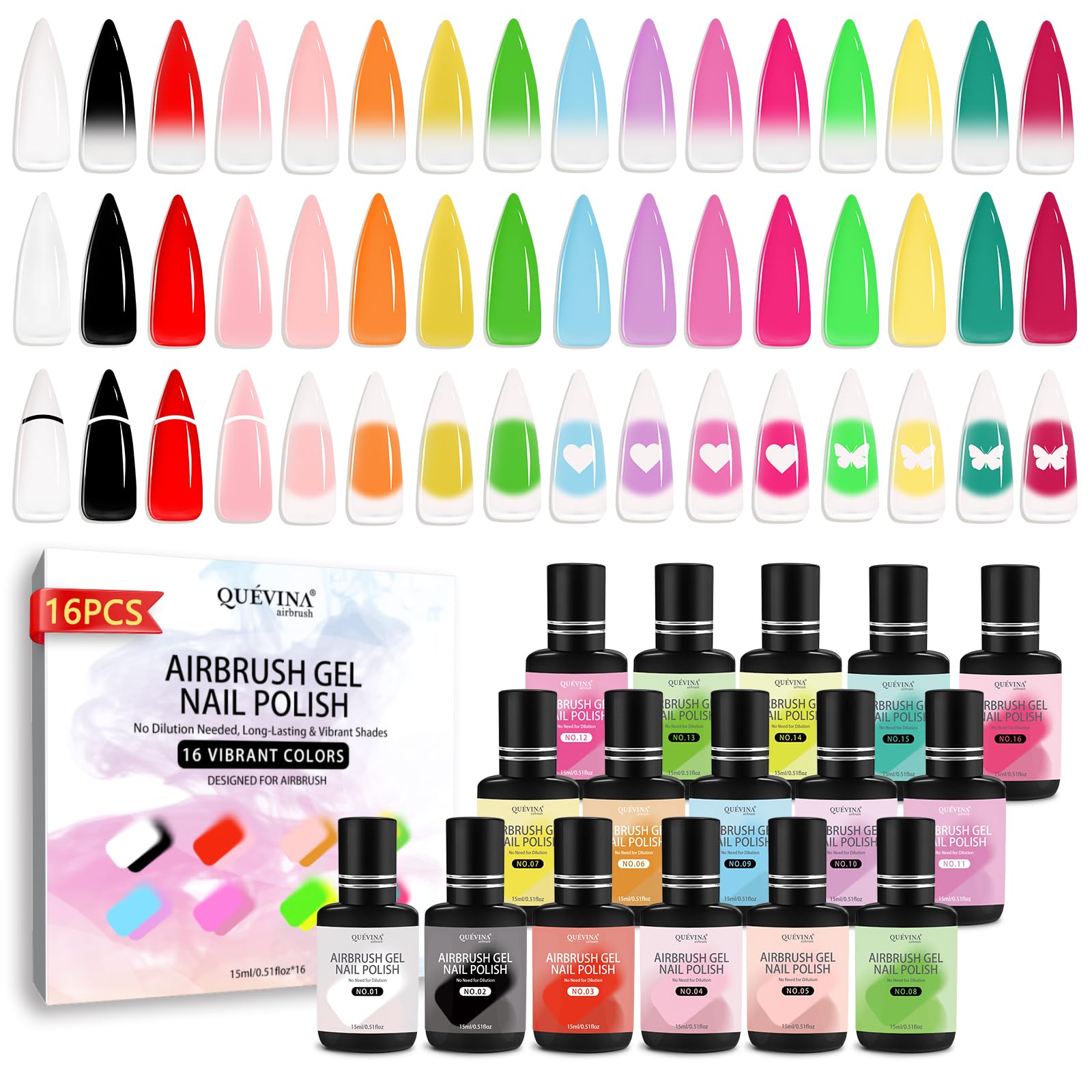 QUEVINA 16 Colors Airbrush Gel Nail Polish Set – Safe, Odorless Formula for Stunning Baby Boomer Nail Art – No Dilution Needed, Long-Lasting & Vibrant