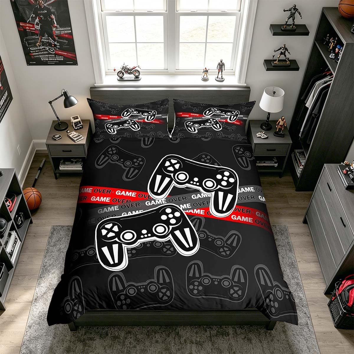 Homemissing Set di biancheria da letto con copripiumino nero per bambini, ragazzi, ragazze, adolescenti, decorazione per la stanza dei videogiochi, con 2 federe, motivo: gamepad