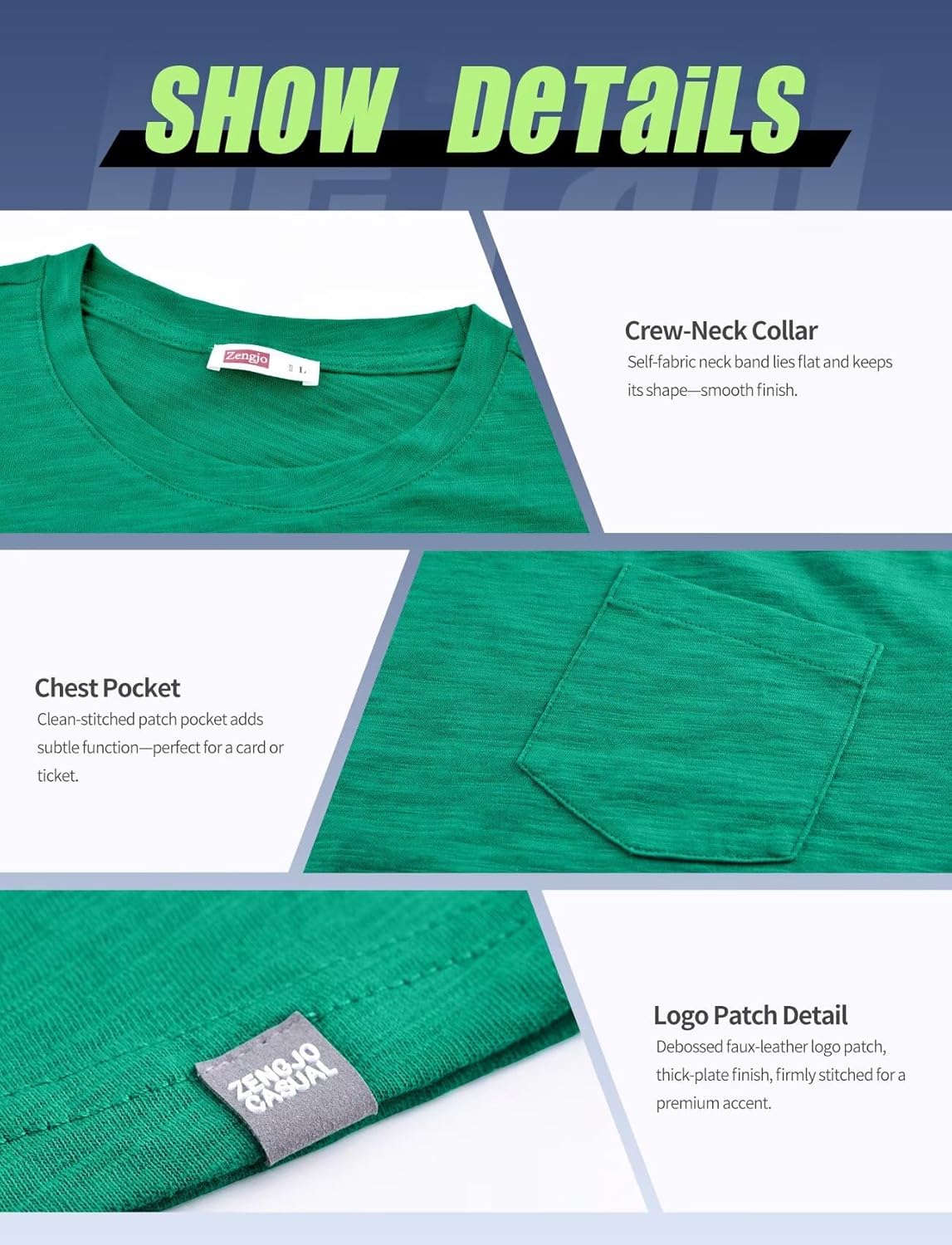 Zengjo Mens Pocket T Shirts Short Sleeve Cotton Slub Jersey Crewneck Plain Casual Soft Basic Tee - Image 4