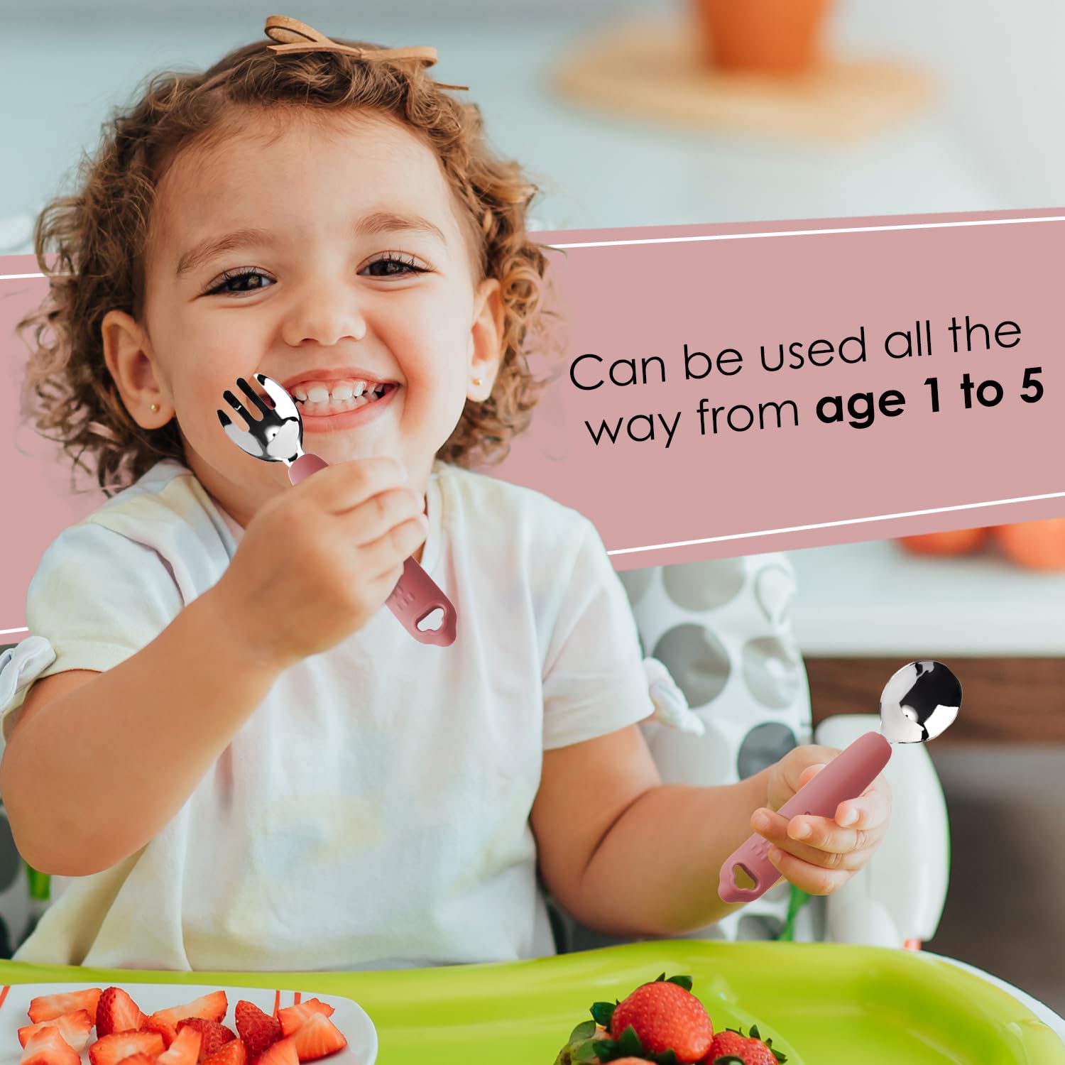 Cubkins Stainless Steel Spoon, Fork Set with Silicone Handle & Early Feeding Bendable Training Spoon for Feeding Babies & Toddler | BPA Free and Safe for Kids (Raspberry) 3