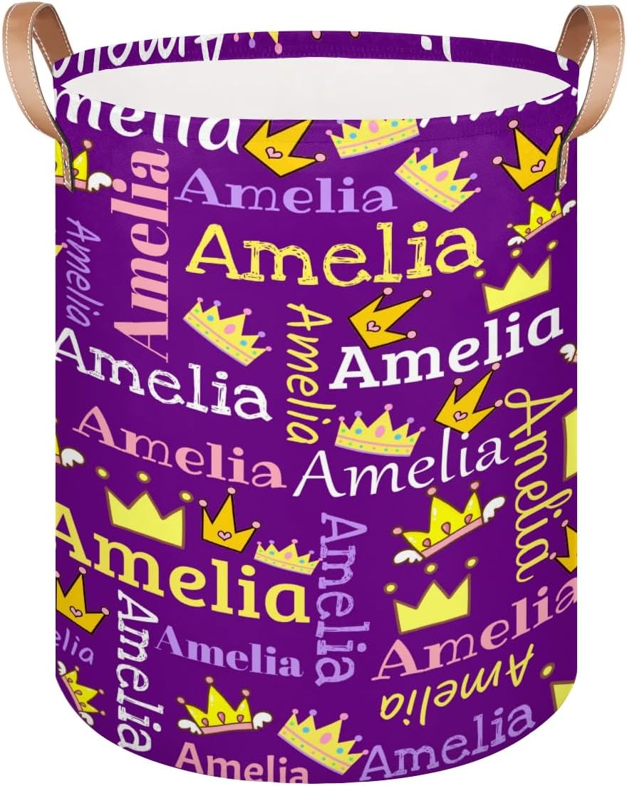 Personalized Laundry Basket, Custom Gift Laundry Hamper, Collapsible Nursery Waterproof Laundry Baskets, Dirty Clothes Toy Hamper with Handles Cute Crown Purple