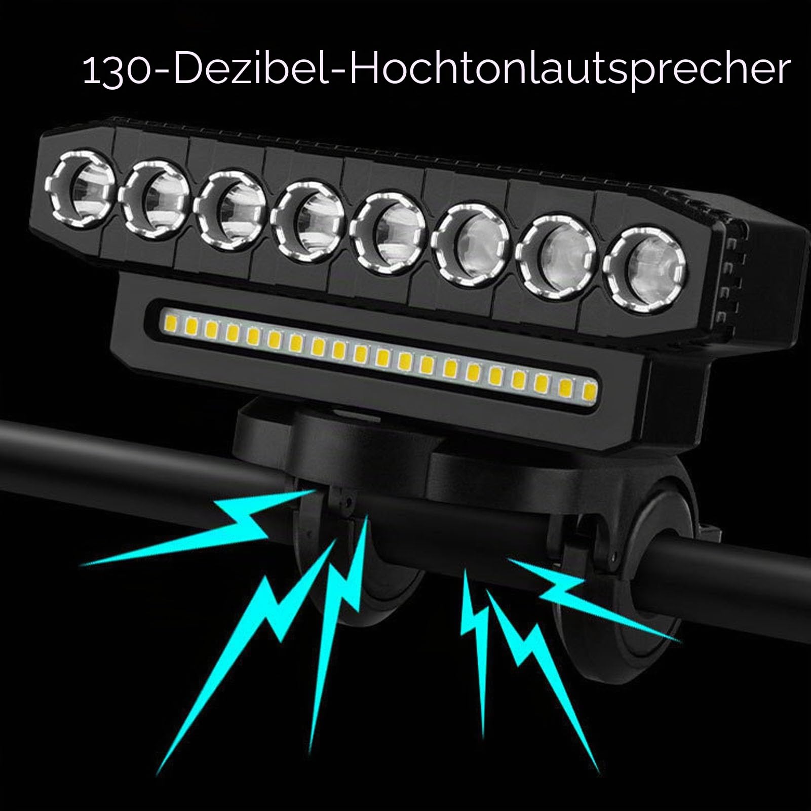 Alomejor Fahrradlicht, 8 LEDs, Wiederaufladbarer USB-Scheinwerfer mit Hupe, 6 Modi, Powerbank-Funktion, IP44 Wasserdicht, für die Sicherheit von Mountainbike- und Off-Road-Fahrrädern