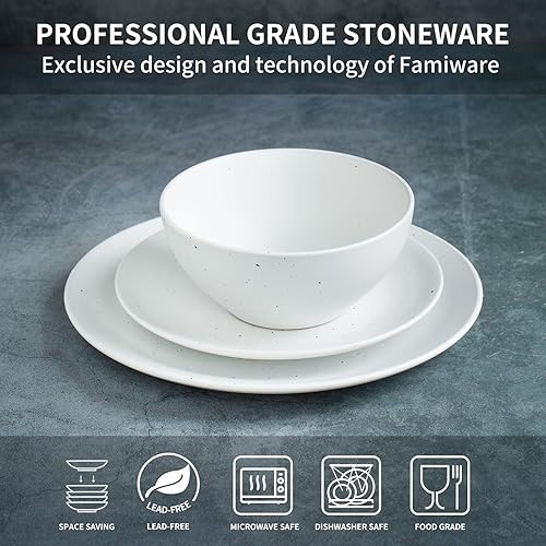 Miniatura 6 de Famiware Moon - Juego de vajilla para 4, 12 piezas de cerámica con diseño moteado, juego de platos mate, apto para microondas y lavavajillas, color