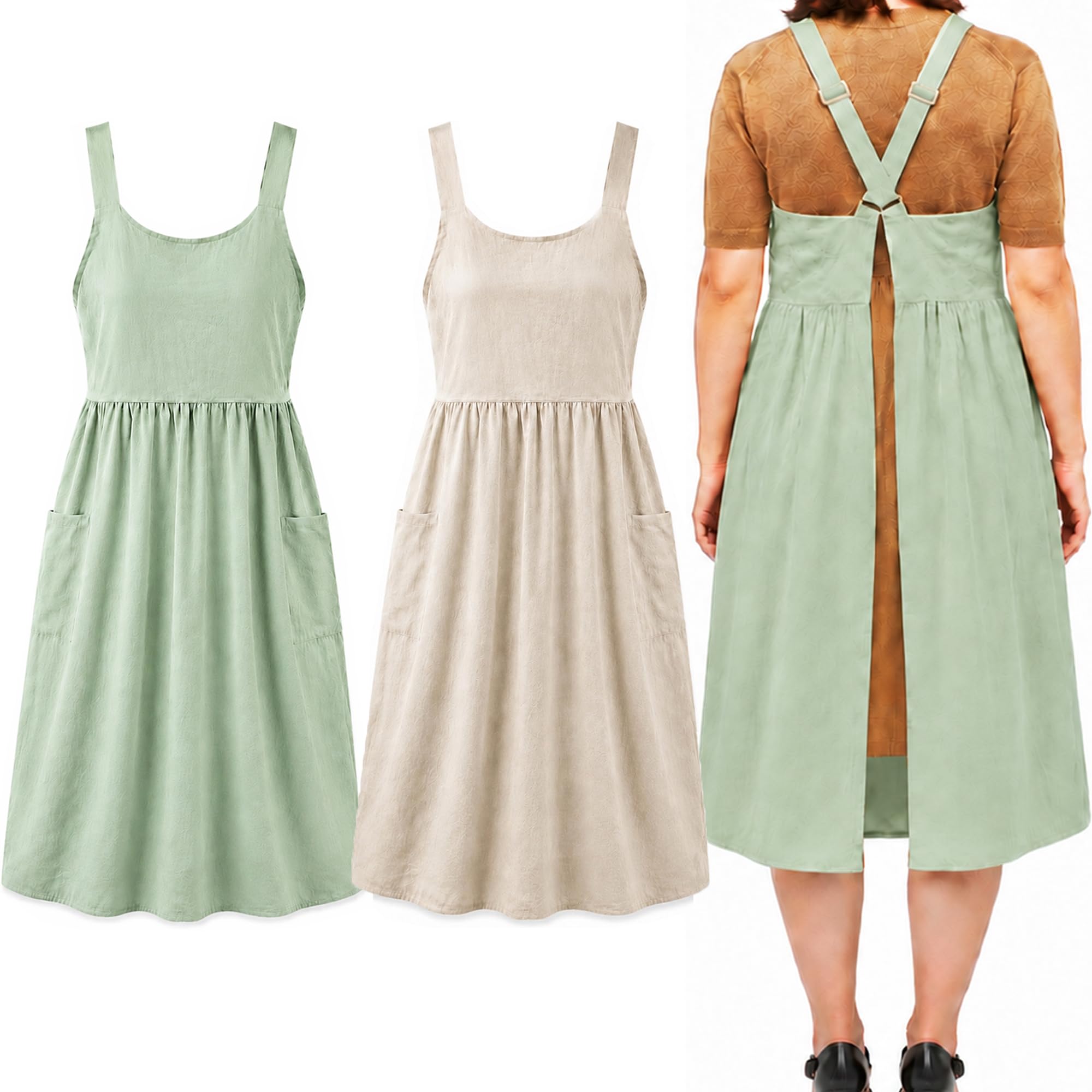 Cotton Linen Apron Cross Back Apron for Women with Pockets Pinafore Dress | Adjustable Cross-back Straps, 2 Pockets Full Coverage, Cute Work Chef