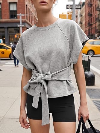 Fisoew Womens Summer Short Sleeves Tee Tops Crewneck Sweatshirt Tie Front Casual 2026 Trendy Fashion T Shirt