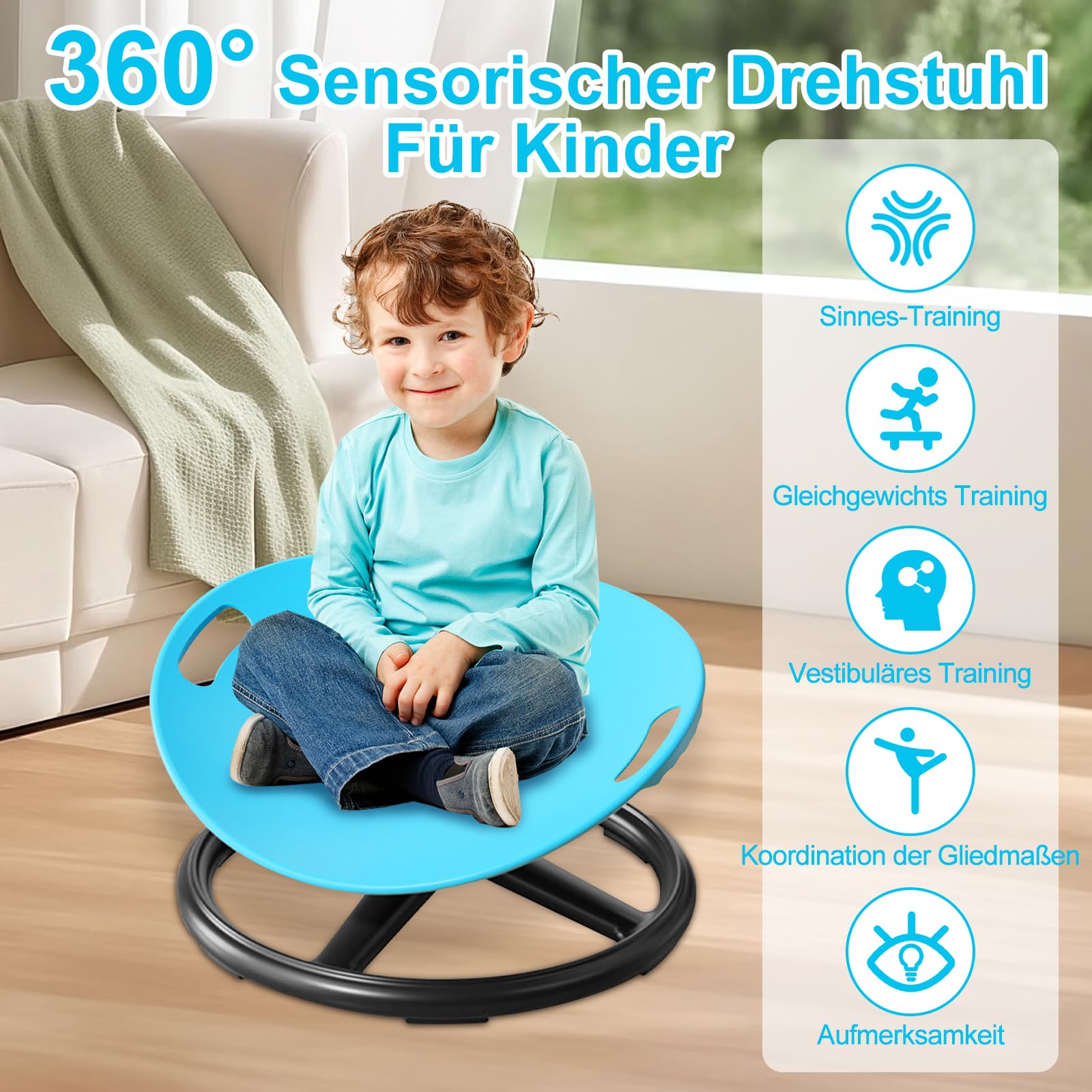 Sensorischer Drehstuhl für Kinder, 360°Karussell Drehstuhl Autismus | Kinderdrehstuhl für Adhs Hilfsmittel mit Griff, Training Physische Koordination, Sensorik Spielzeug für Jungen Mädchen-Blau