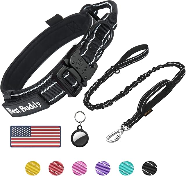 Tactical Dog Collar and Leash Set, Adjustable Military Nylon Reflective Dog Leash and Collar with Handle and Heavy Metal Buckle for Medium Large Dogs, with Airtag Case and 2 Patches(Black, L)