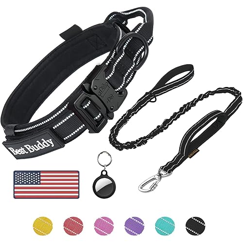 AUBELL Tactical Dog Collar and Leash Set, Reflective Adjustable Heavy Duty Military K9 Collars with Handle and Metal Buckle for Medium Dogs, with Airtag Case and 2 Patches(Black,M)