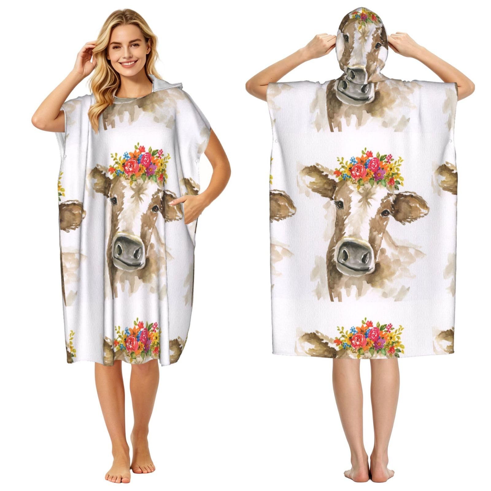 Poadnly Cute Watercolor Cow, Adult Hooded Beach Towel 90 x 110 cm,Changing Bath Robe, Surf Poncho Towel For Women Men
