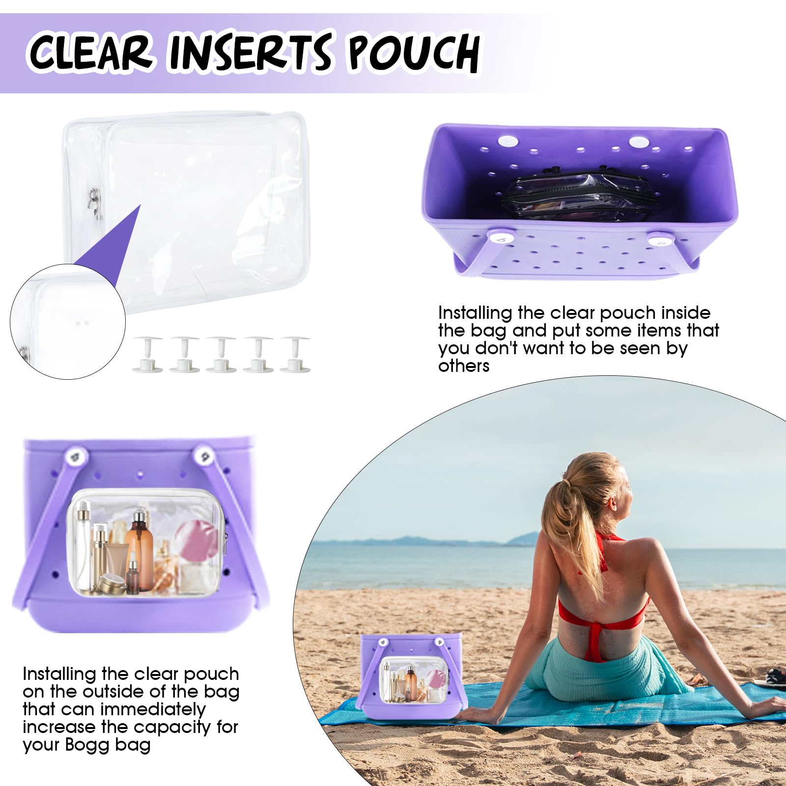 Beach Bag Accessories Set with Clear Insert, Phone Holder and Organizers