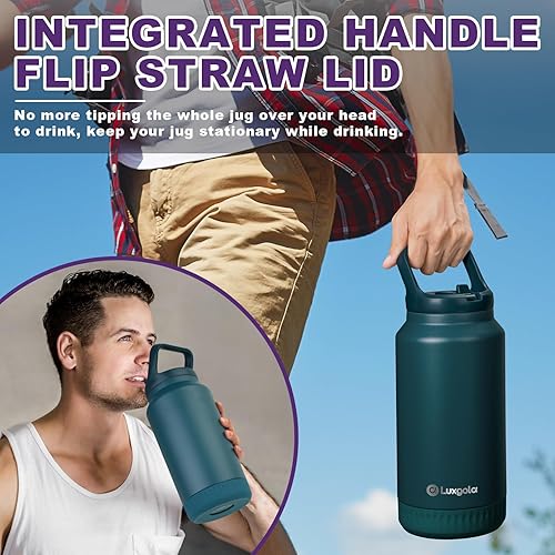 Miniatura 2 de Botella de agua aislada de 64 onzas, vaso de acero inoxidable al vacío de medio galón con tapa abatible con popote y asa superior, mantiene las