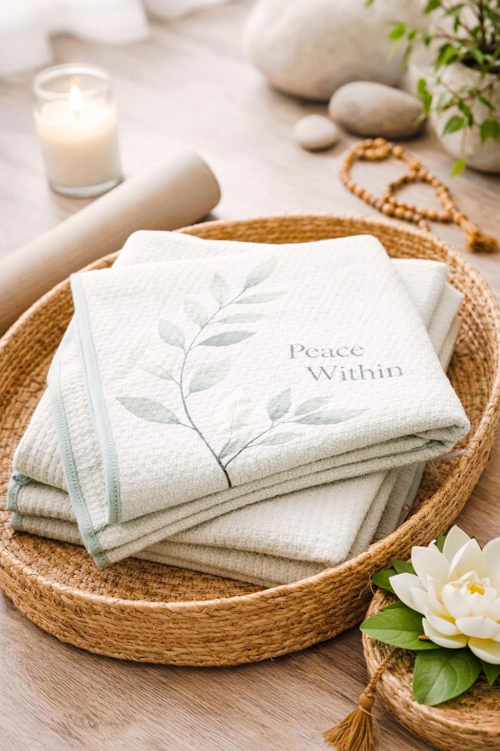COREMOTION Yoga Towel Non Slip, Waffle Material, Super Absorbent, Quick Dry, Multipurpose for Hot Yoga, Pilates, Gym, 24 x 72, Light Green. Peace Within