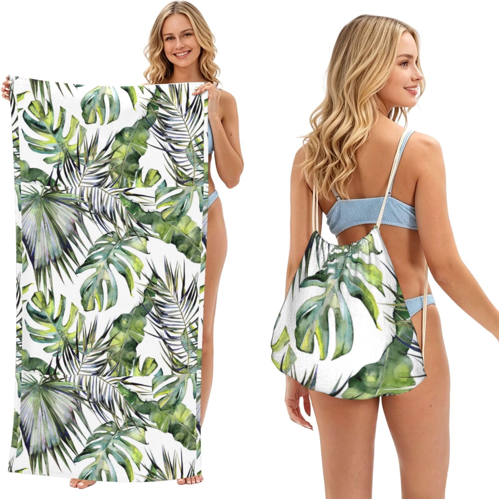 Poadnly Tropical Garden, 2 in 1 Packable Towel Bag, Beach Towels with Drawstring Backpack for Travel Holiday Camping