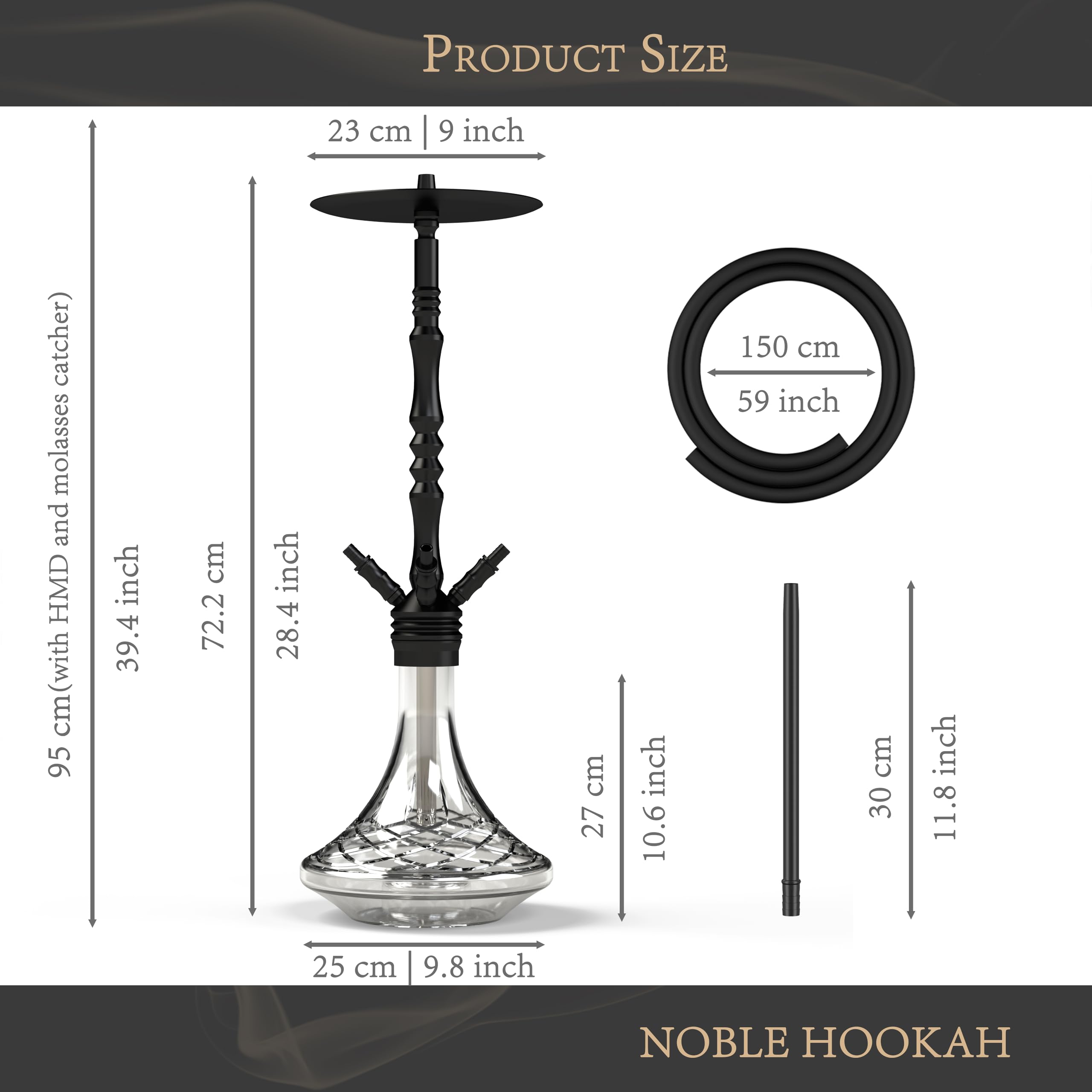 NOBLE HOOKAH Narghilè Completo 95cm Shisha Con Molasses, Tubo 150cm, Accessori: Pinze Carbone, Testa Con 4 Tubi, 4 Connettori, 4 Bocchini