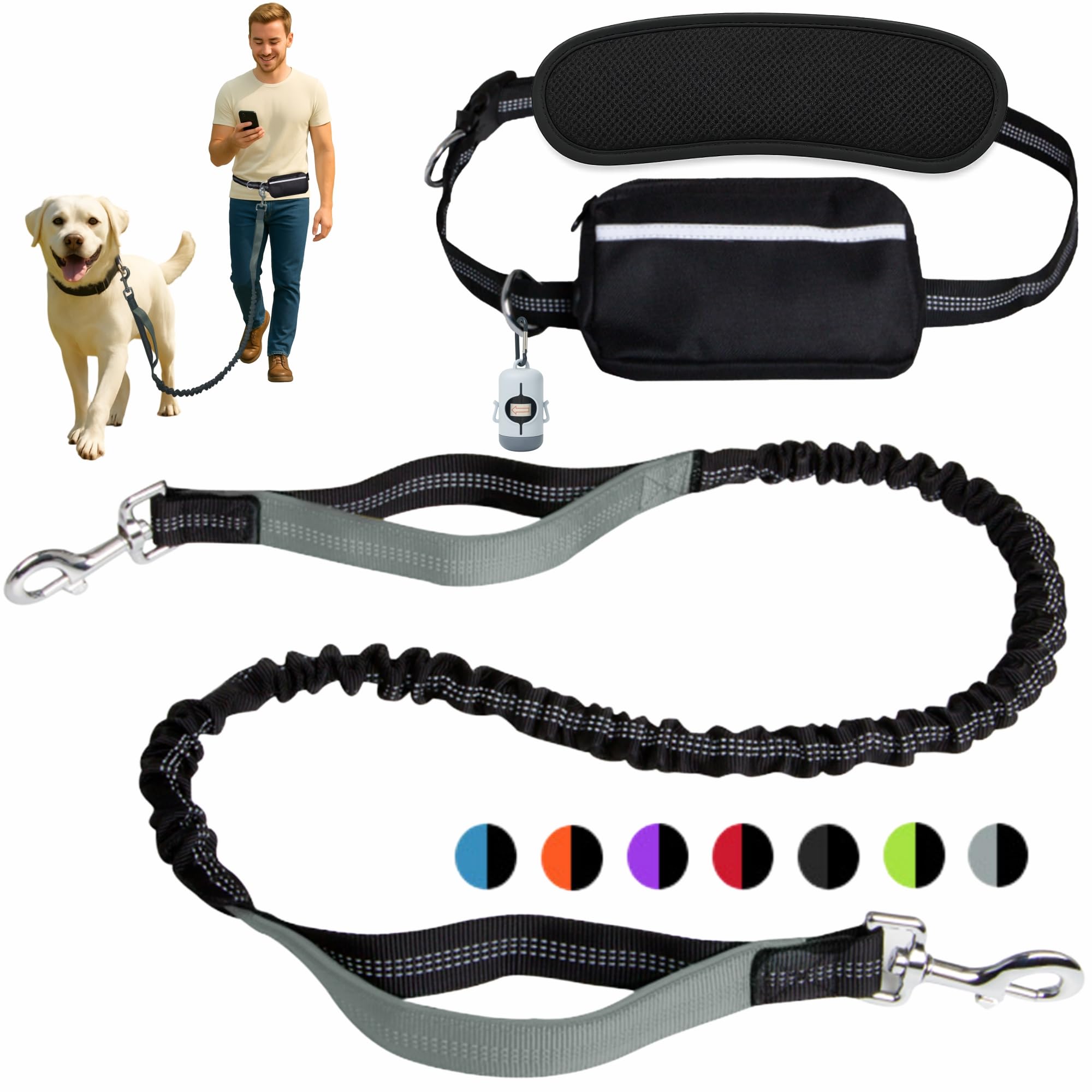 Hands-Free Dog Leash for Dogs up to 130 lbs – Heavy-Duty, Shock-Absorbing Bungee Leash with Zipper Pouch, Dual Padded Handles & Adjustable Waist Belt for Running & Walking – Cool Gray