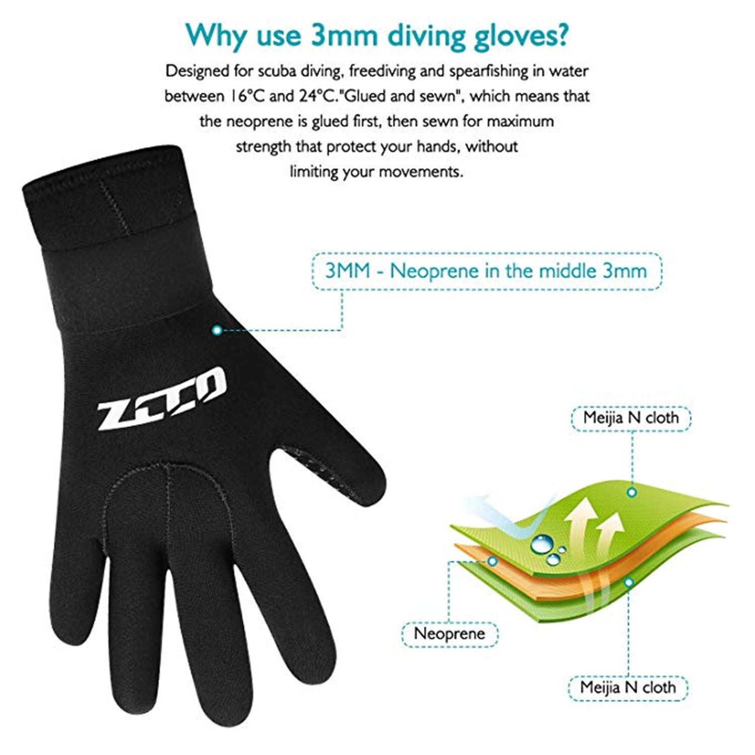 ZCCO 3mm Neoprene Diving Gloves,Double-Layer Thermal Wetsuit Gloves with Elastic Wrist and Skid Resistance Particles for Swimming,Diving,Surfing,Snorkeling (XXL - Image 3