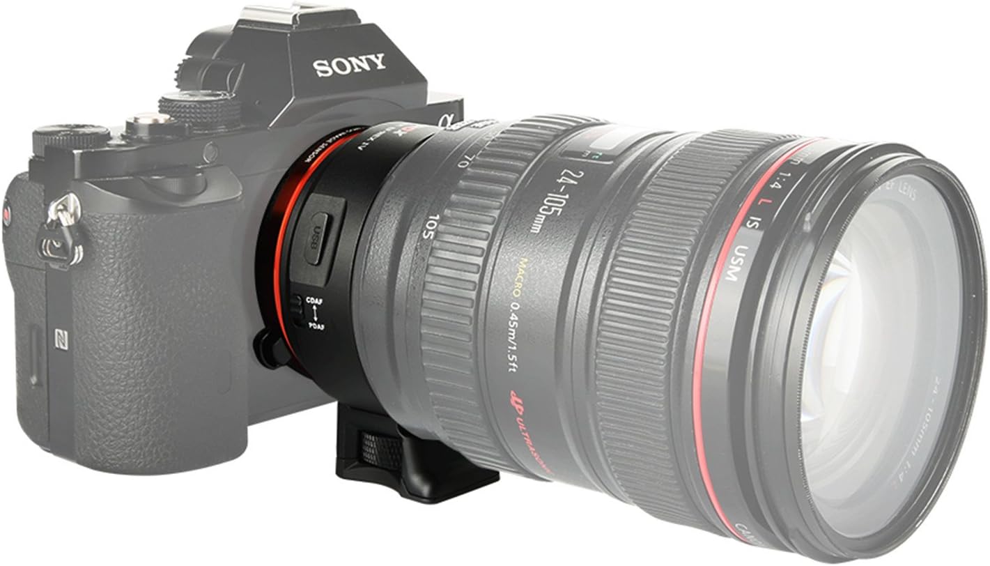 VILTROX EF-NEX IV adapter with Canon lens mounted on a Sony camera.