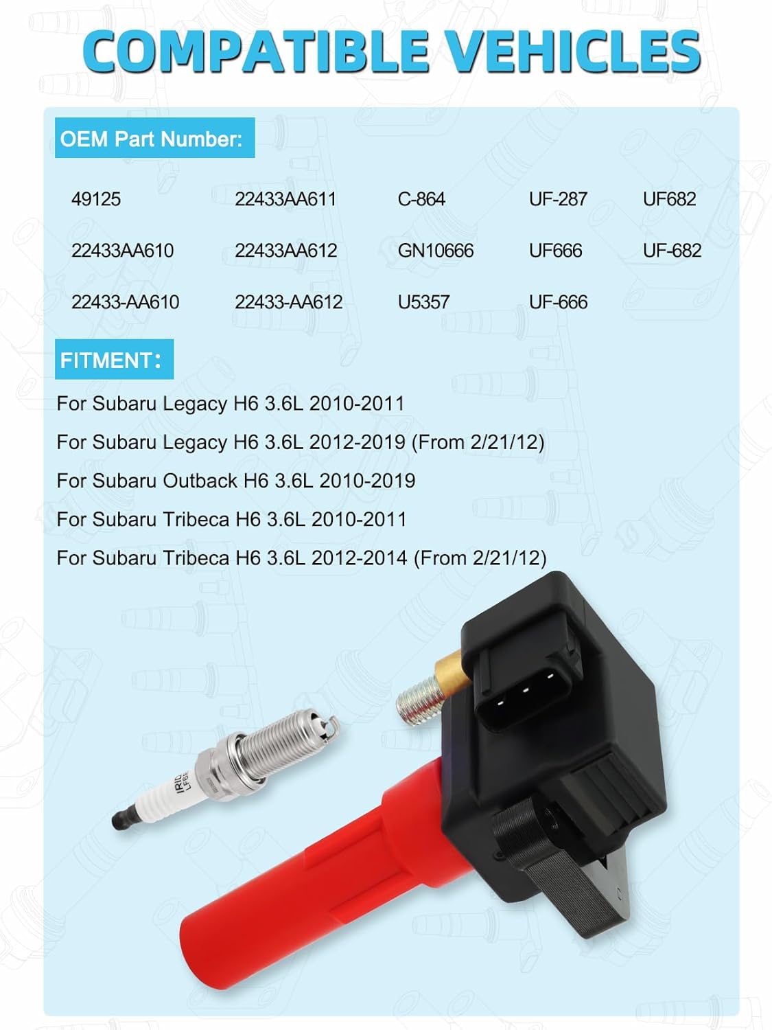 Set Of 6 UF682 Ignition Coil Pack & Iridium Spark Plugs (3.6L Only) 2010-2019 For Subaru Legacy Outback Tribeca, Replace # 22433AA610 22433AA611 22433AA612 C-864 49125 GN10666 U5357 UF666