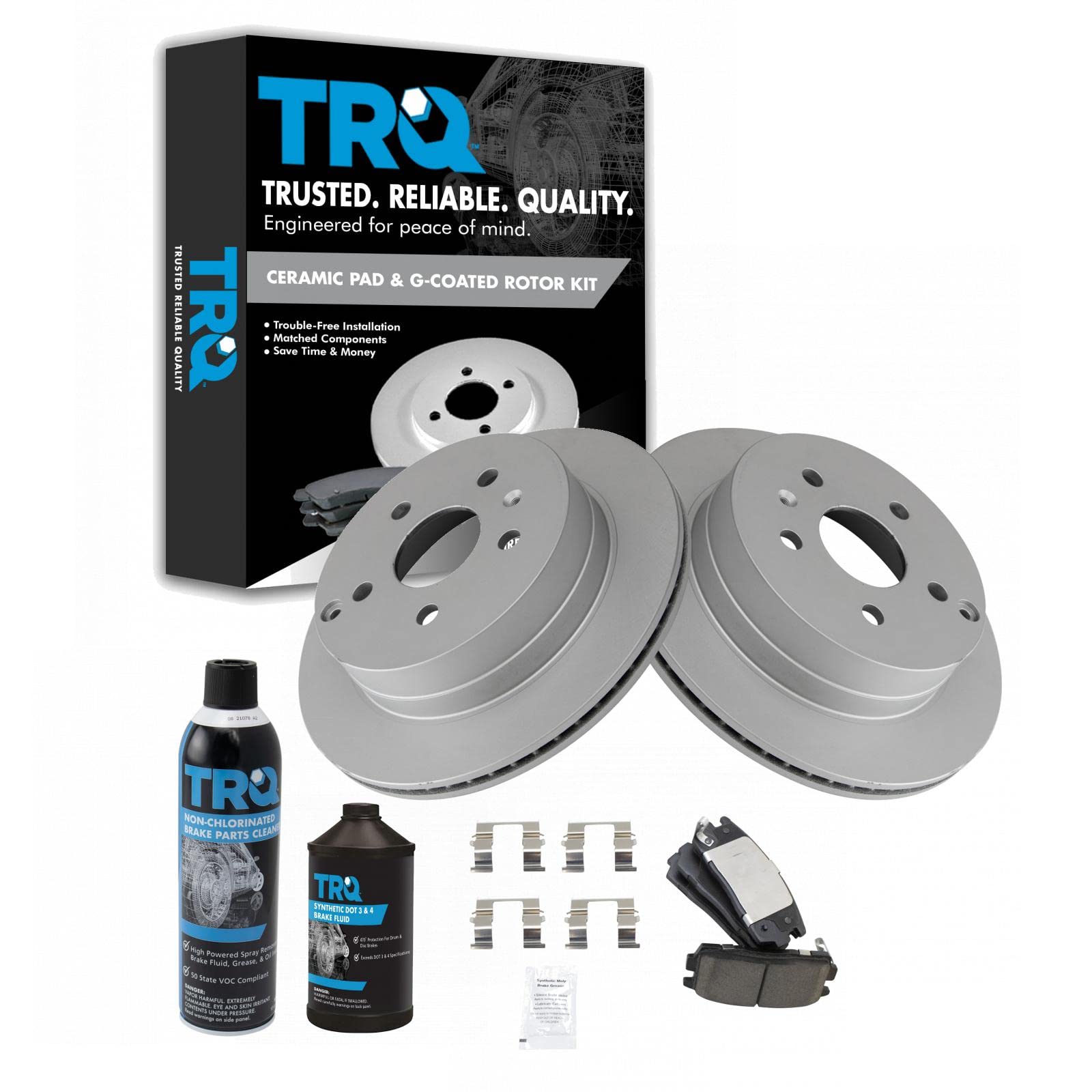 TRQ Rear Brake Pad &amp; Rotor Kit, with Chemical Kit Ceramic Vented Premium G-Coated Compatible with 2010-2017 Chevrolet Equinox GMC Terrain