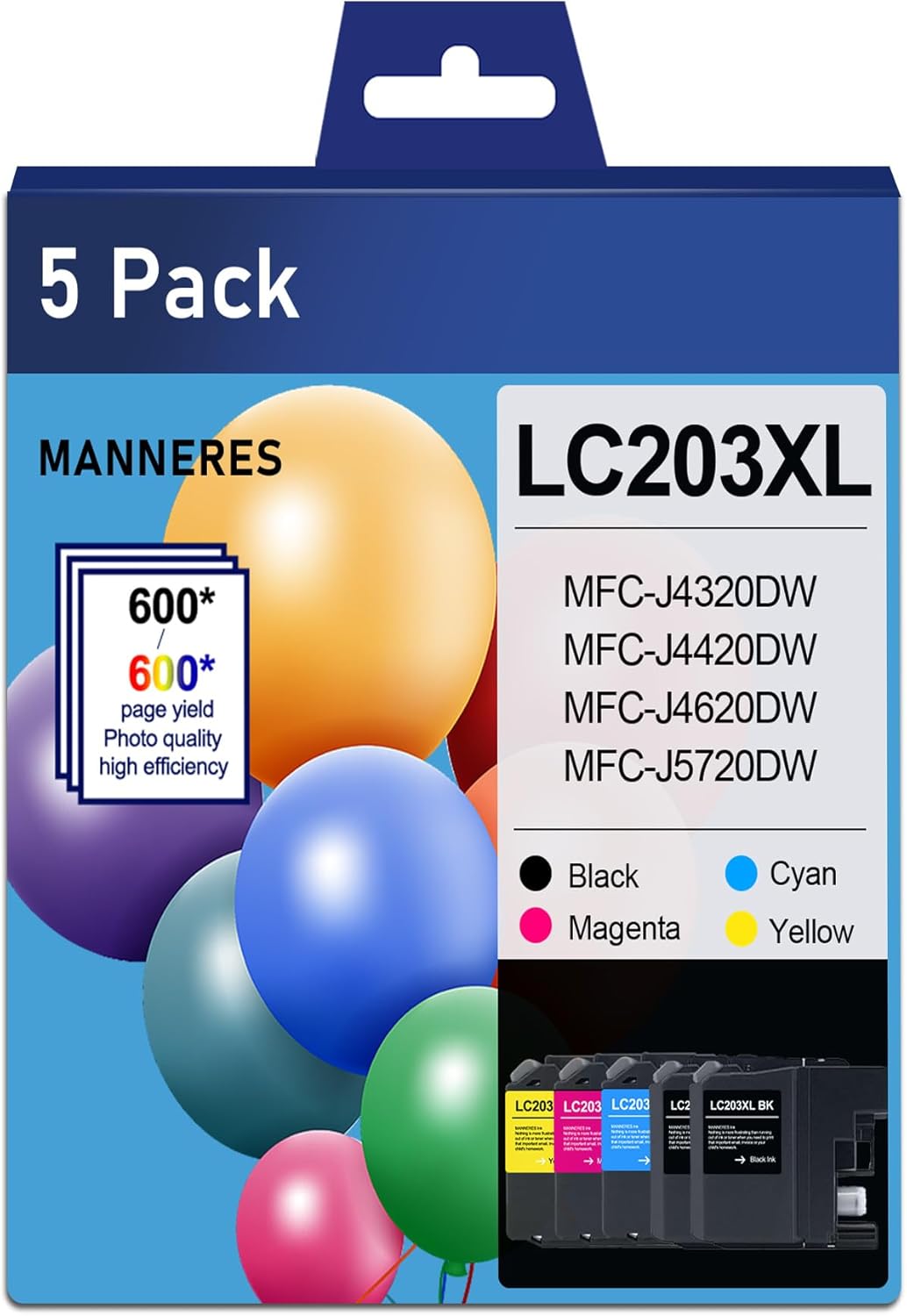 LC203 High Yield Ink Cartridges (5-Pack, 2Black, Cyan, Magenta, Yellow) LC203XL LC 203 Ink Cartridge Replacement for Brother Ink LC203 MFC-J460DW MFC-J485DW MFC-J4620DW MFC-J885DW Printer