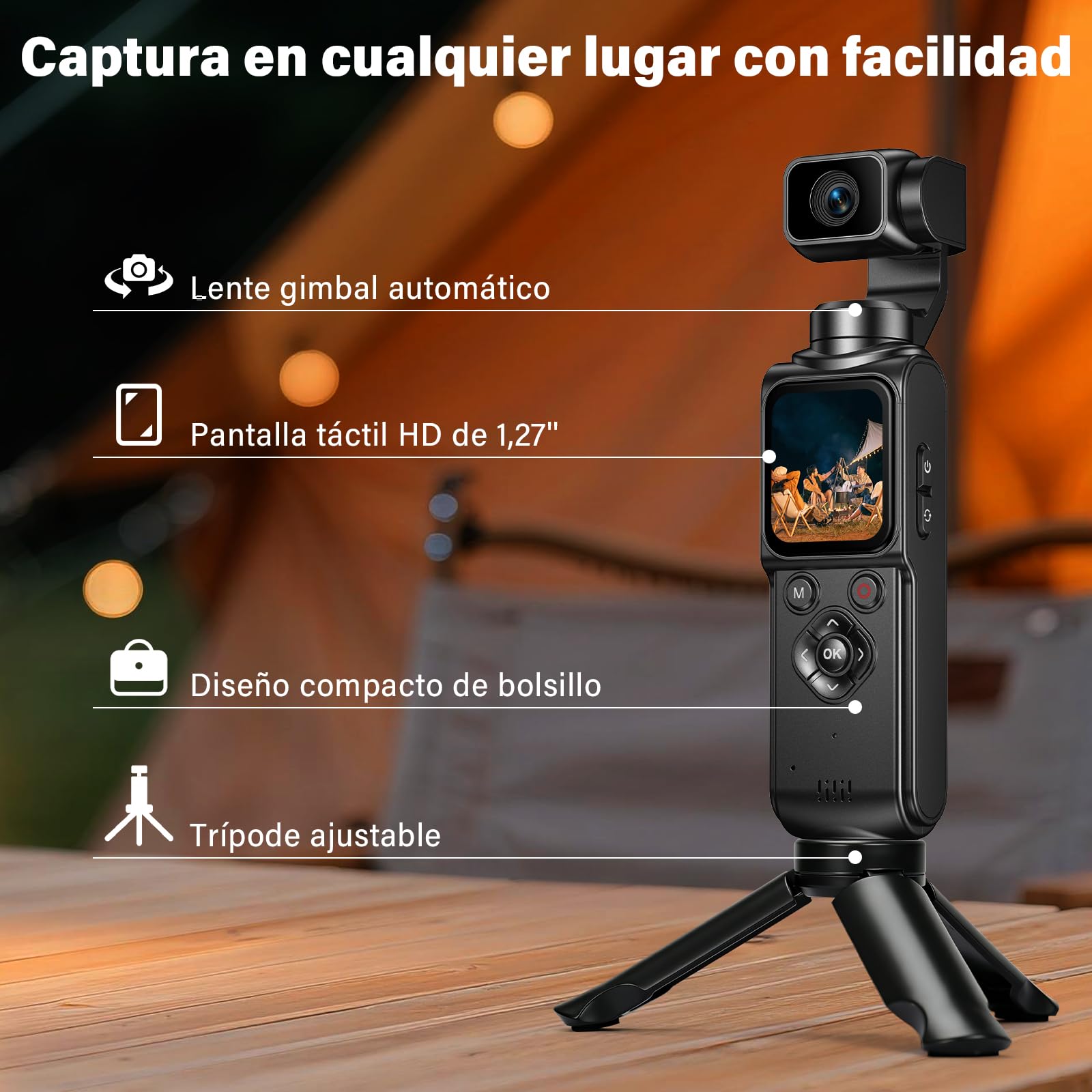 Cámara Deportiva, Cámara Vlog con Lente Giratoria de 330° – Estabilización de 2 Ejes, Pantalla Táctil 64MP con Tarjeta 64GB, Seguimiento de Caras, Cámara Compacta para Deportes y vlogging