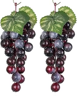 Bairdish Lifelike Purple Artificial Grapes 2 Bunches - Realistic Fake Rubber Fruit Bunches for Home Garden Wedding Decor Photography Props 24 Grapes 6.5"