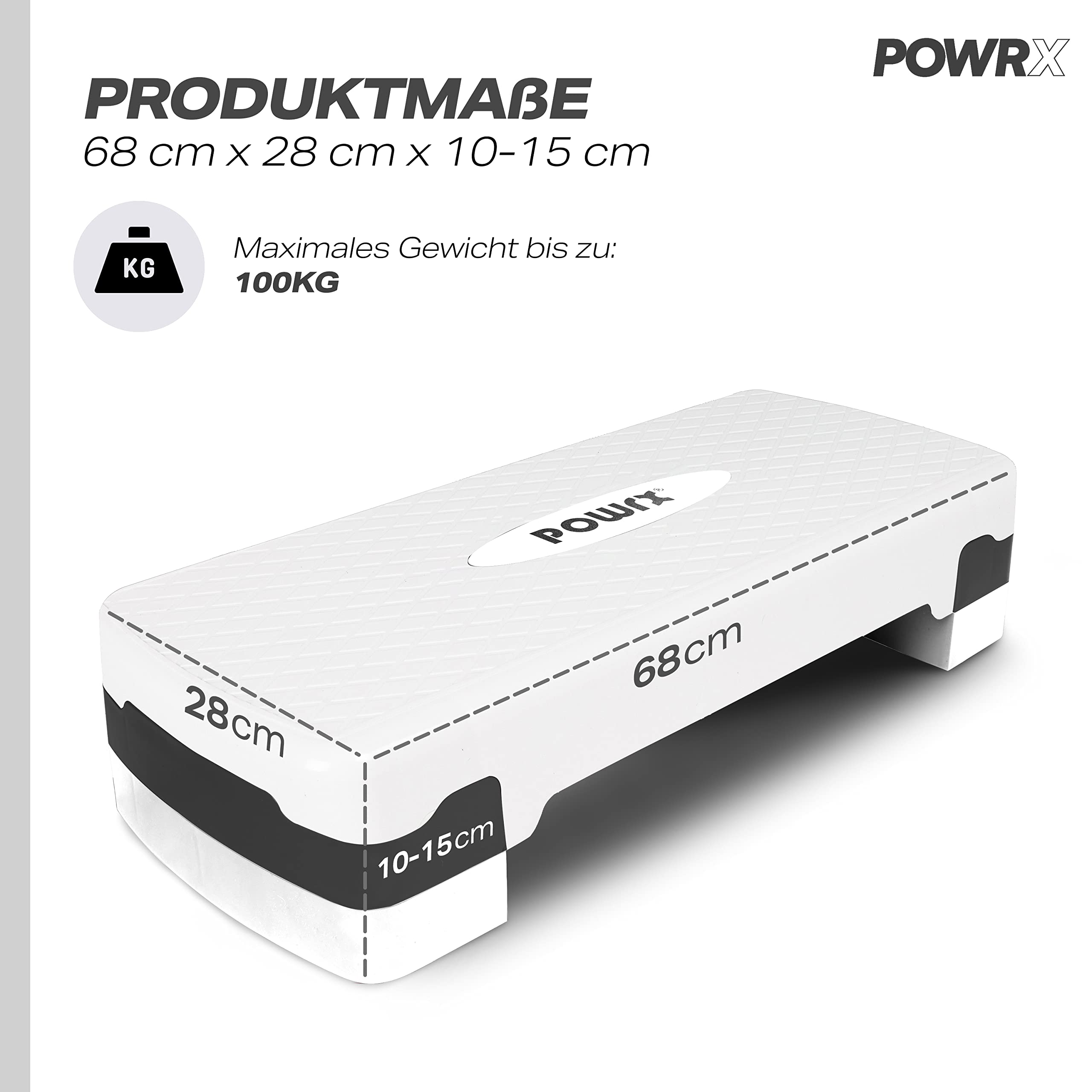 POWRX Steppbrett für Zuhause inkl. Workout I Stepper höhenverstellbar und rutschfest für Aerobic, Gymnastik und Fitness I Home Step Stepbench (Weiß)