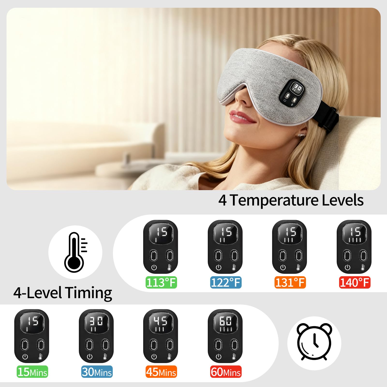 Máscara térmica para ojos – Máscara de ojos inalámbrica para ojos secos, alivio de ojos, sueño mejorado, almohadilla térmica lavable para viajes, extraíble para limpieza y 2 fundas, tiempo y