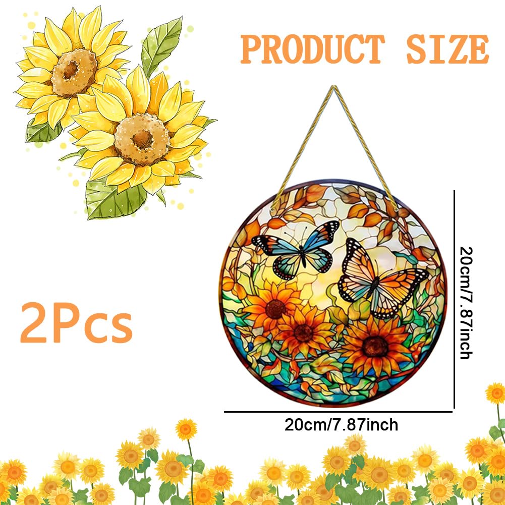 Sdjdhej Sunflower Acrylic Window Hanging, 2 Pcs Butterfly in Sunflower Theme Round Acrylic Stained Hanging Stained Glass Window Hanging for Indoor Outdoor Decor, Housewarming Gift (Butterfly 1)