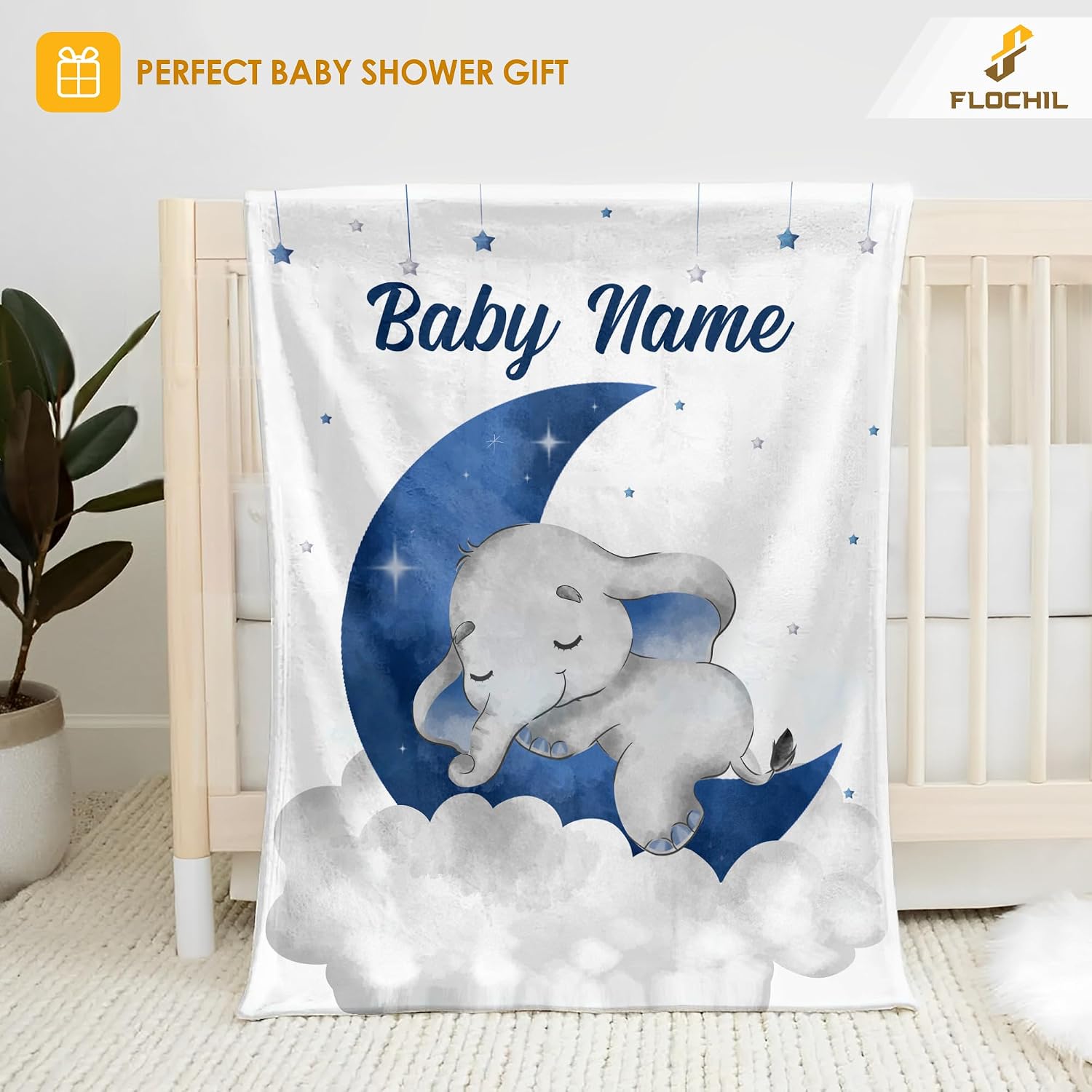 FLOCHIL Personalized Baby Blanket for Boys, Custom Baby Blanket with Name, Customized Elephant Baby Blanket, Gift for Baby Shower, Toddler, Babies, Newborn