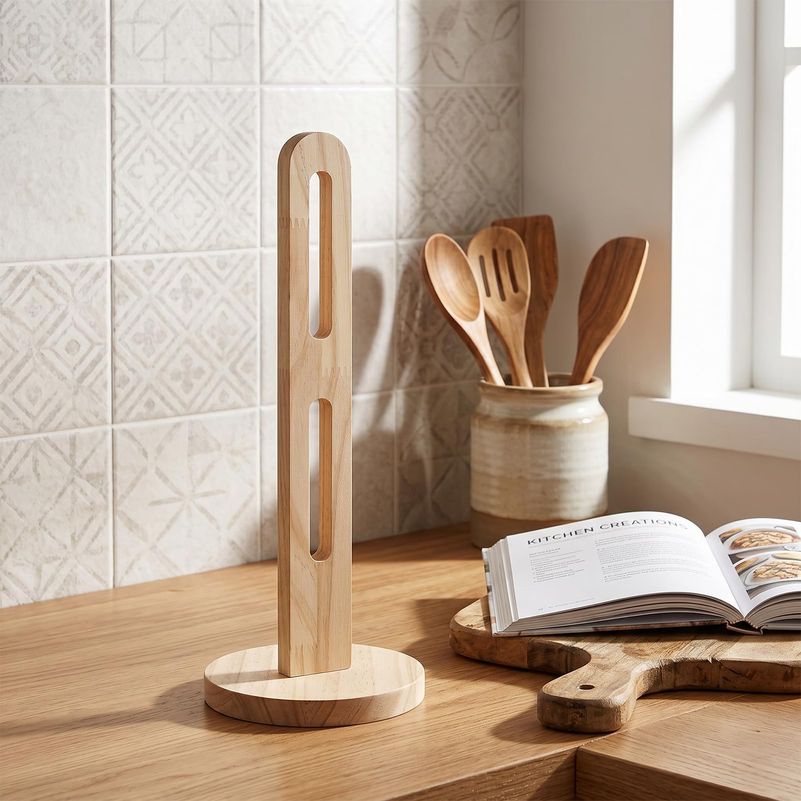 Wood Paper Towel Holder Stand, Freestanding Countertop Dispenser Wooden Paper Towel Holder Wood for Jumbo Rolls, Solid Wooden Organizer with Non-slip Base