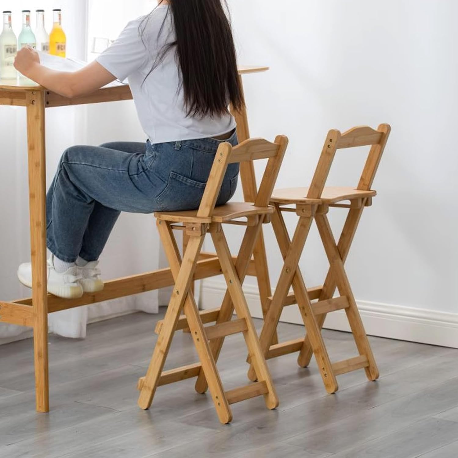 24.2"/29.1" Seat Height Folding Bamboo Bar Stool Kitchen Counter Height Chair with Back Breakfast Bar Stool 11.8"×14.2" Seat Folding Stools for Island Dining Room No Assembly(Natural,24.2”)