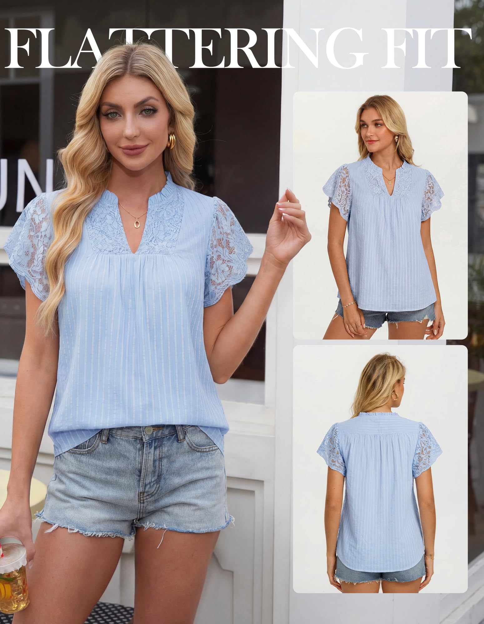 GRACE KARIN Blusa de algodón de encaje para mujer, elegante, cuello en V, volantes, manga corta, top de verano