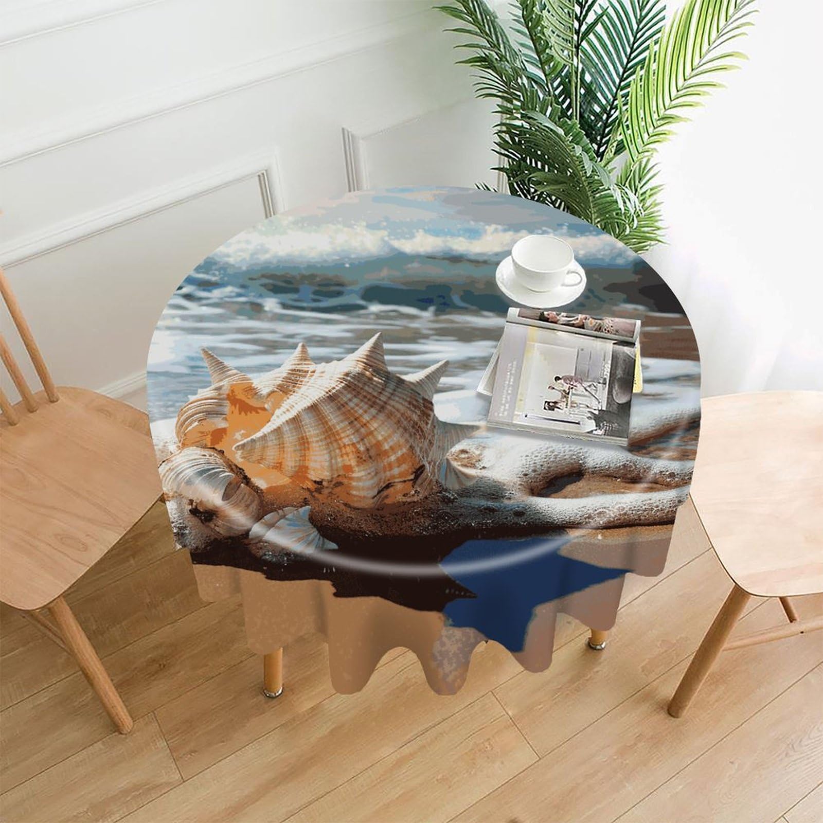 MUSM 60 Inch Ocean Sea Wave Seashell Round Tablecloth Wipeable Washable Table Cover for Kitchen and Dining Room Decorative Table Cloth for Party Holiday Picnic Outdoor