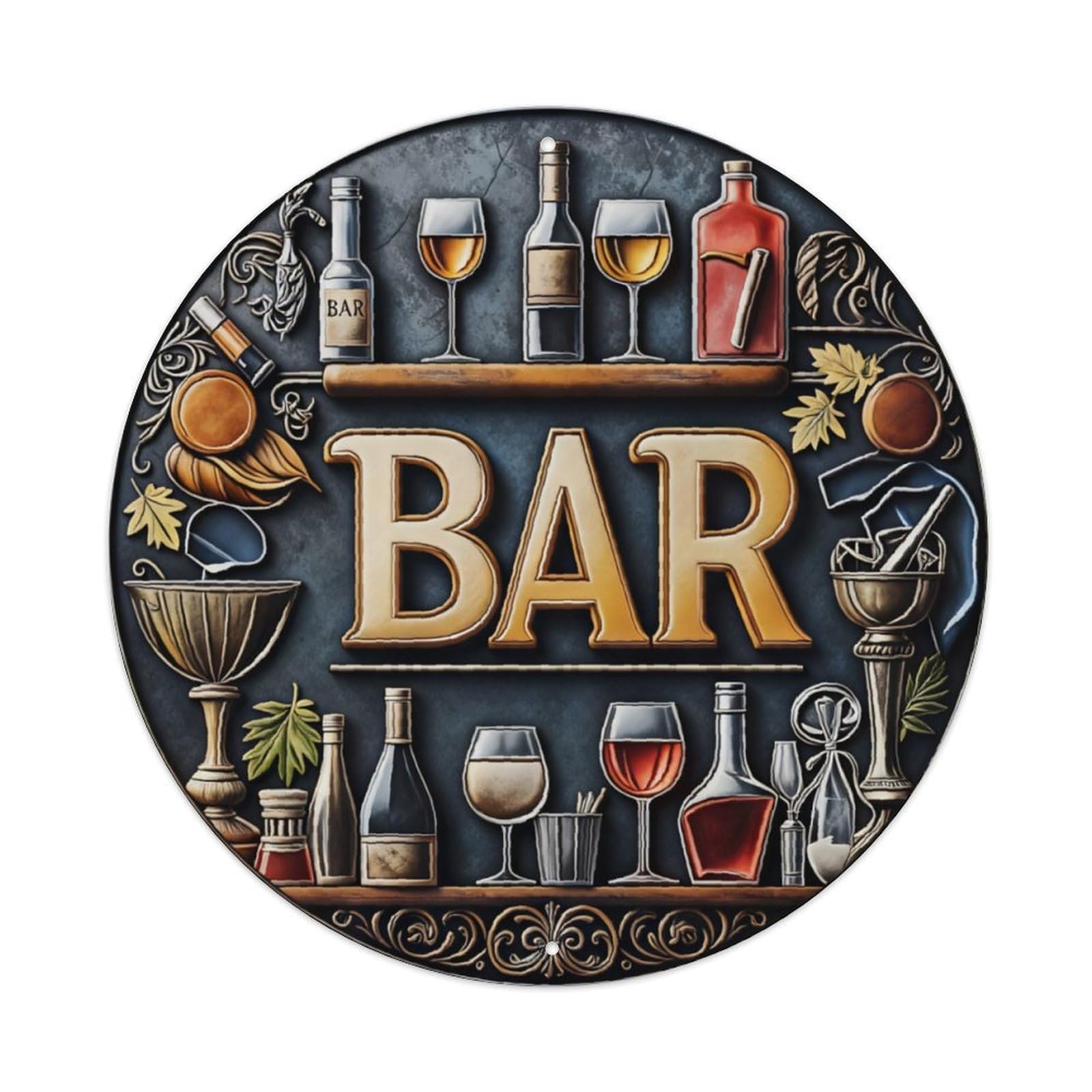 Vintage Embossed BAR Circular Sign Vintage Aluminium Metal Sign, Retro Wall Decor for Home, Bar, Garage & Farmhouse 20x20cm