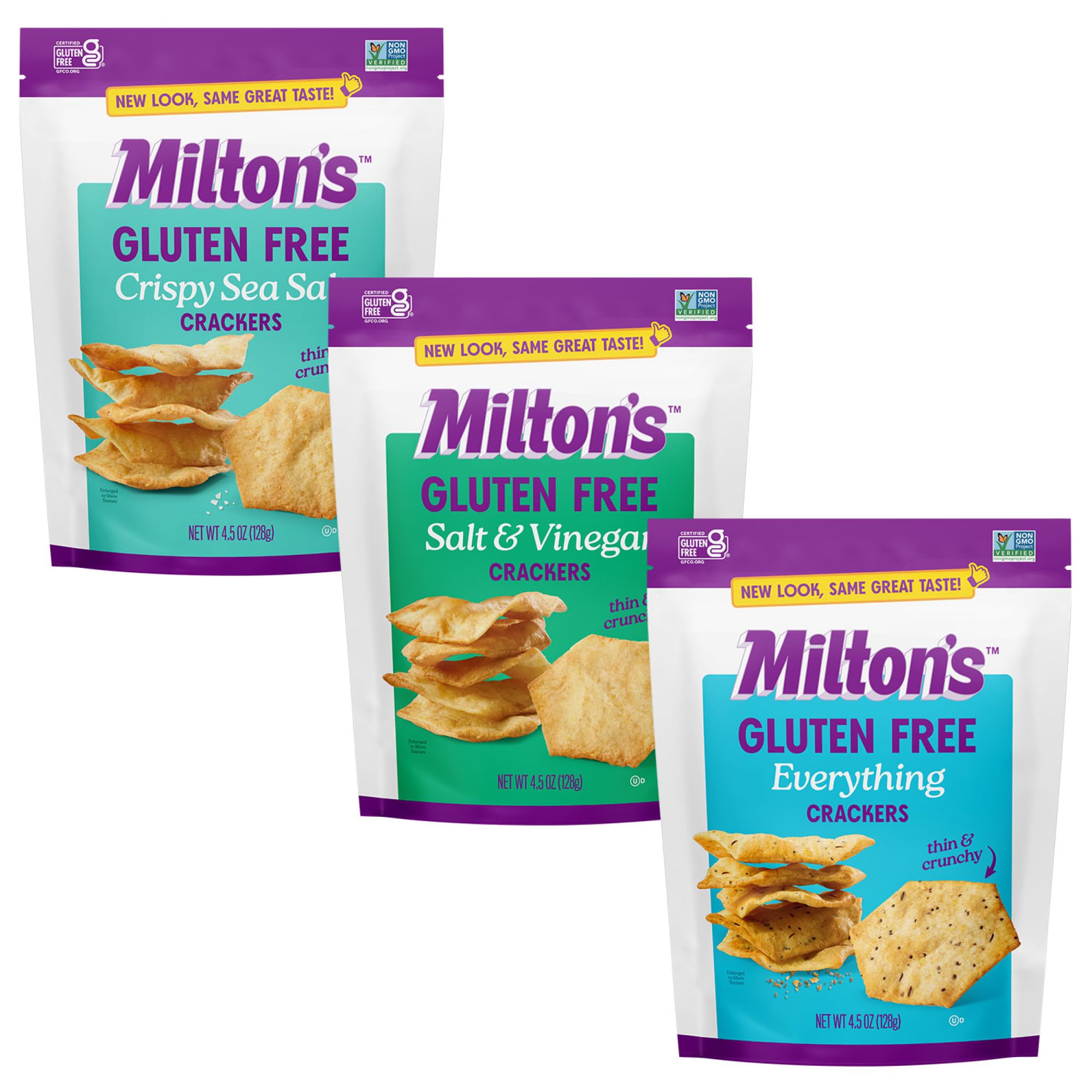 Milton's Gluten Free Crackers Variety Bundle (Crispy Sea Salt, Everything, Salt & Vinegar) - Non-GMO Project Verified, Kosher, Certified Gluten Free,