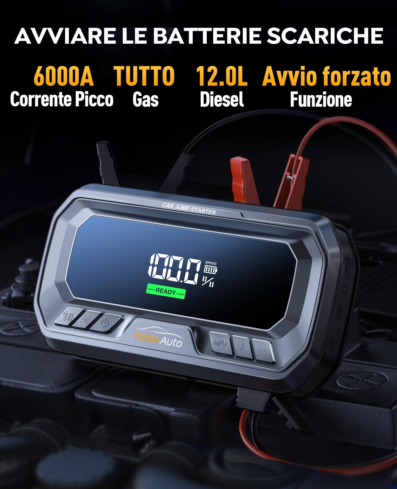 Booster Avviamento Auto con Compressore 160 PSI, YaberAuto 6000A Avviatore Batteria Auto, 65W Ricarica rapida,Starter Batteria Auto per Tutto Gas/12.0L Diesel, 600 Lumen Torcia,160W DC Uscita