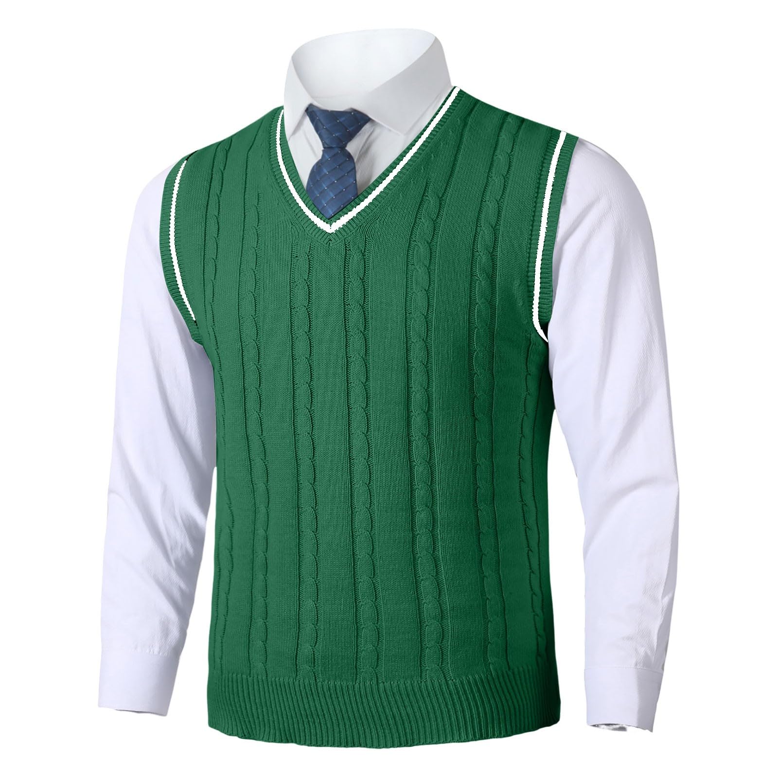 Gilet lavorato a maglia da uomo, scollo a V, senza maniche, con bottoni, maglione invernale, slim fit, lavorato a maglia, maglione spesso, per il tempo libero, motivo treccia, misto lana, per