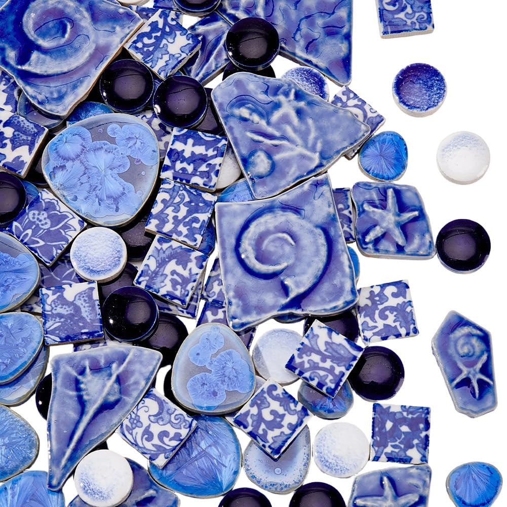 SOFPLATE 500G 4 Style Irregular Ceramic Mosaic Tiles Broken Ceramic Tile Bulk Frost Fossils Blue White Porcelain Random Shape Tiles Pieces for DIY Crafts Plates Flowerpots Vases Cups Arts Supplies