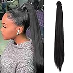 SEIKEA Ponytail Extension Clip in Wrap Around Long Straight Pony Tail Hair Synthetic Hairpiece for Women 26 Inch Black