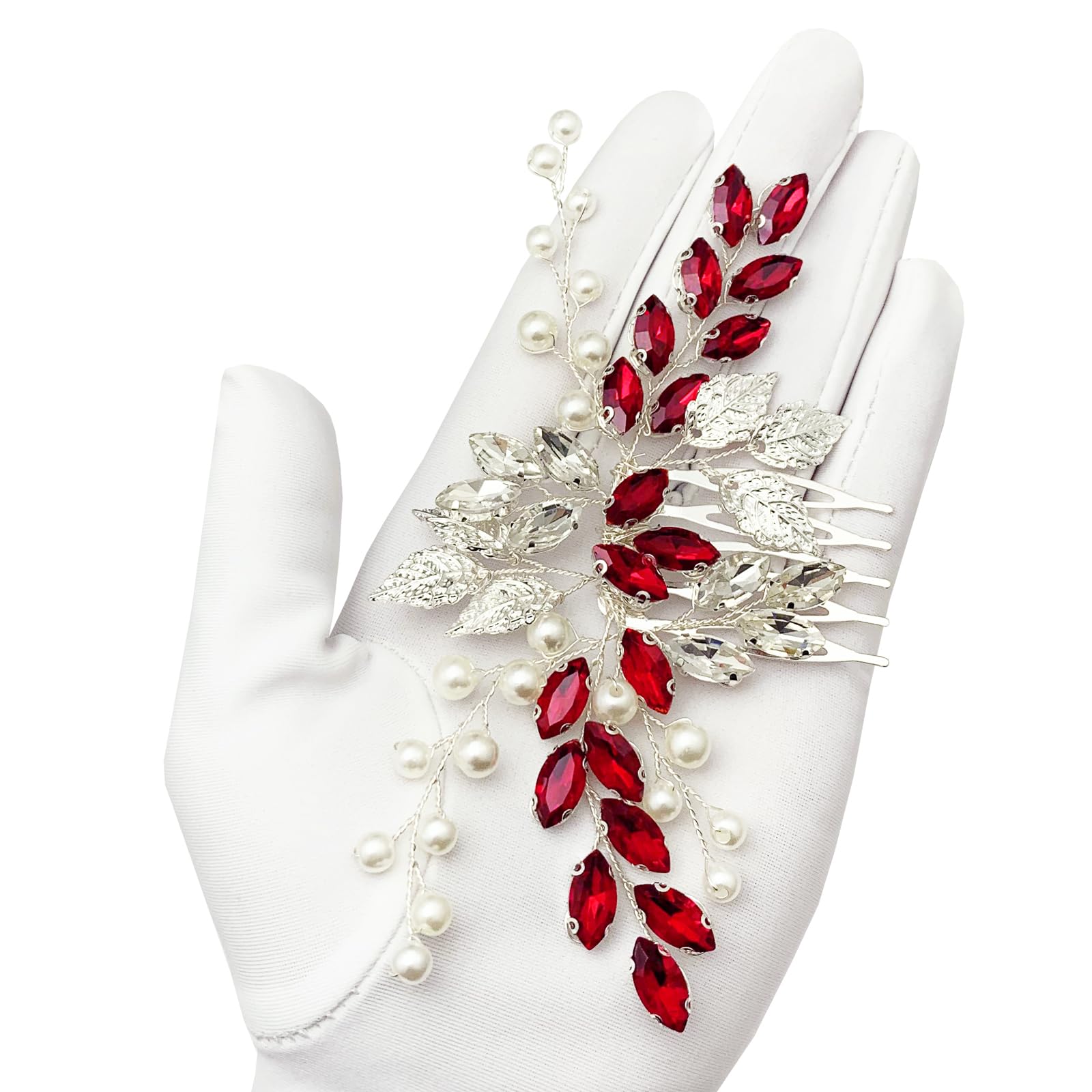 Pettine per capelli da sposa con strass di cristallo, accessori per capelli con foglie argentate, per donne e ragazze, feste di ritorno a casa (rosso vino)